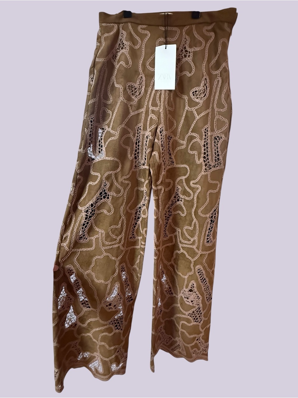 ZARA Brown Laser-Cut Lace Palazzo Suede Pants- NWT
